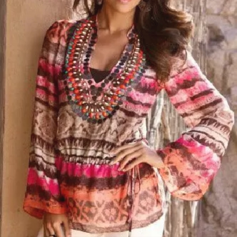 BOSTON PROPER Tribal Print Embellished Beaded Tunic Top In Pink/Coral S.